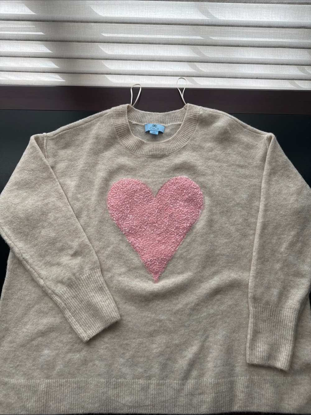CeCe Cozy Cream Sweater with Pink Heart - Women's Crewneck Size 1X